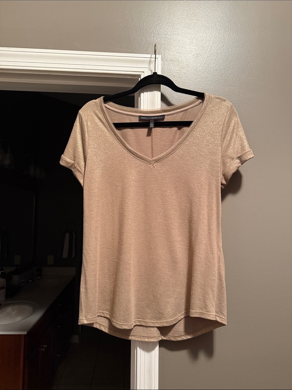 WHBM Shimmery Gold V-Neck Short Sleeve Top